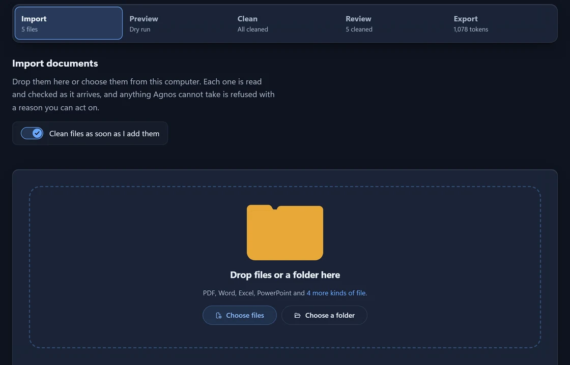 The Import step: drop files or a whole folder, with Clean files as soon as I add them switched on.